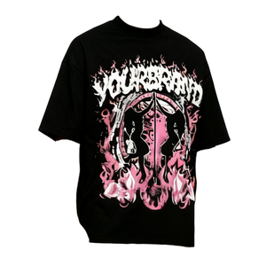 T-shirt noir surdimensionné YourBrand avec motif flamme rose, style streetwear, manches courtes, col rond, jersey de coton, logo imprimé sur le devant - Product Image 1