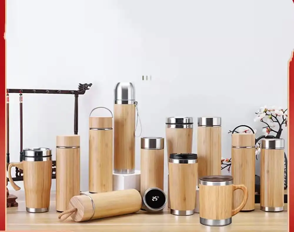 Grosir 300-500Ml Gelas Stainless Steel Mug Bambu Dinding Ganda Terisolasi Cangkir Termo Bambu Botol Air Mug Perjalanan
