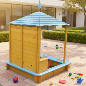 Boîte de jeu en bois pour garçons, <span class=keywords><strong>bac</strong></span> à <span class=keywords><strong>sable</strong></span> et parc aquatique, boîte de jeu DIY avec toit et cuisine à boue, rangement inclus - Product Image 2