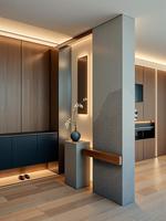 Meuble d'entrée style bois naturel avec rangement intégré pour chaussures, idéal pour couloir domestique, texture naturelle, décoration intérieure