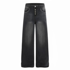 Jeans Rectos de Mezclilla Blanca Lavada Estilo Americano Vintage para Hombre, Diseño de Costuras en Contraste a la Moda, Cierre de Botones en la Entrepierna - Product Image 1