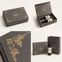 Scatola Rigida Orizzontale Personalizzata per Due Bottiglie di Vino, Grigio Caldo con Cornice Dorata e Finestra per Etichetta