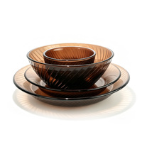 Vaisselle Hxglass en verre trempé couleur chocolat, motif sergé, ensemble de bols et assiettes, compatible micro-ondes, plats à salade, assiettes de présentation