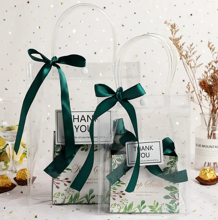 Großhandel danke Geschenk verpackung Tasche benutzer definierte Hochzeits geschenk Clear Pvc Candy Bag mit Bogen