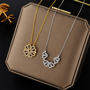 <span class=keywords><strong>Collana</strong></span> alla Moda con Ciondolo a Cuore in Zirconia Cubica, Materiale in Rame, Design Trendy a Cuore Pieghevole e <span class=keywords><strong>Quadrifoglio</strong></span> con Catena in Acciaio Inossidabile - Product Image 1