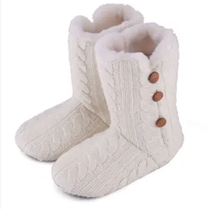 Woman Women Women's Ladies Cable Knit Winter Home Indoor Slippers Button Boots with Sherpa Plush Lining and Anti-slip Out sole