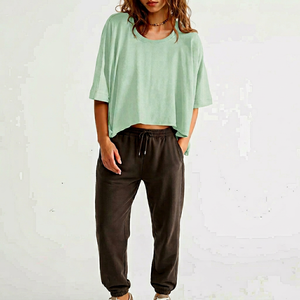 Camiseta Corta Oversize para Mujer, Manga Corta, Cuello Redondo, Color Sólido, Corte Holgado, 100% Algodón Jersey, Casual, Primavera Verano - Product Image 1