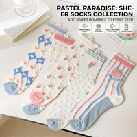 Chaussettes en maille pastel mignonnes, chaussettes transparentes de luxe en jacquard floral tulipe, chaussettes courtes en soie de verre douce et transparente, lot de chaussettes pour femmes, vente en gros