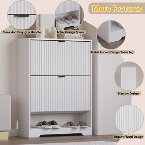 Organisateur de chaussures fin en bois blanc à rainures, étagères réglables, porte-chaussures avec 2 tiroirs rabattables, rangement ouvert pour entrée, couloir - Product Image 4