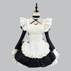 Sweet Gothic Maid Outfit Black Burgundy Lace Trim Puff Sleeve Cosplay Costume Drama Game Anime Role-Playing - Product Image 1