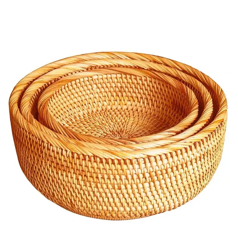 Conjunto de 3 tamanhos de tigela de tecido rústico redonda cesta de rattan para presentes de inauguração de casa, frutas e armários de cozinha