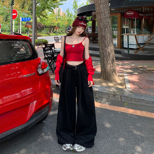 Pantalon droit à jambe large noir taille haute pour femme avec plis de vadrouille drapés amples Design mince pour l'été - Product Image 4