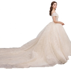 Robe de mariée principale style A-line, coupe Hepburn, épaules dénudées, taille haute, broderie et perles, motif ciel étoilé élaboré - Product Image 3