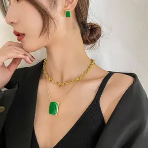 18K Gold Plated Stackable Chain Simulation Emerald Pendant Necklace/Earrings/Bracelet