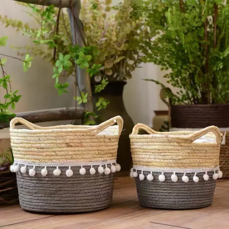 New Design Best Selling Wholesale Natural Customer Round Indoor Decorative Straw Plant pot with Plastic Lining