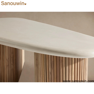 Mesa de Centro para Exteriores Estilo <span class=keywords><strong>Alesso</strong></span>, Ovalada, con Tapa de Piedra Blanca, Base Acanalada de Madera de Teca Sólida, Mesa Moderna para Patio y Jardín - Product Image 2