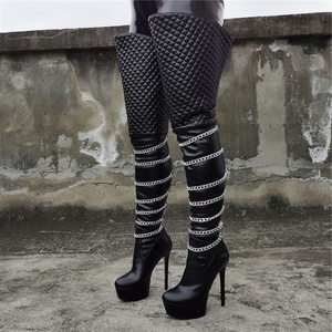 Top Wide Shaft <b>Boots</b> Women's Platform High Heels Shoes Metal <b>Chain</b> Decor Long <b>Boots</b> Sexy Plus Size 14 - Product Image 1