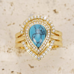 T0041 Women's 18K Solid <b>Gold</b> Cocktail <b>Ring</b> With <b>Turquoise</b> Water Drop Pave Setting Round Brilliant Cut Diamonds Fine Jewelry - Product Image 6