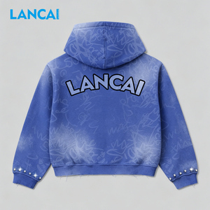 Sudadera con capucha y cremallera Lancai con lavado ácido y bordado de pedrería, unisex, estilo urbano, oversize, personalizada, con cristales brillantes, vintage - Product Image 2