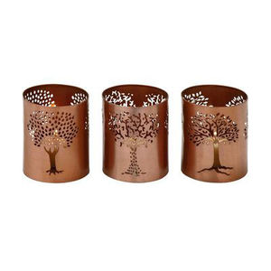 Porte-lampe votive arbre gravé en métal doré rose - Product Image 1