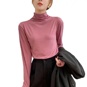 Женская шелковая водолазка, однотонная приталенная рубашка с длинным рукавом, 2021