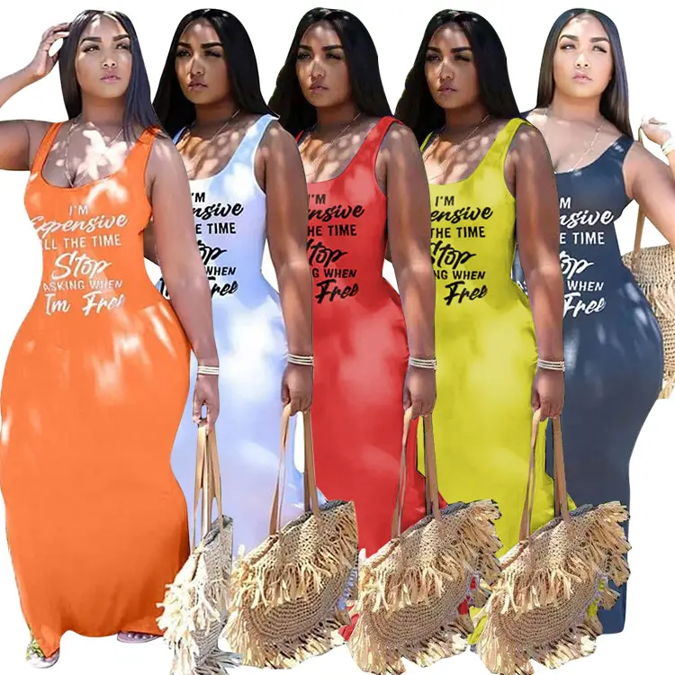 2022 summer on sale trendy letter print plus size tank top bodycon maxi dress women XL-5XL long casual dresses