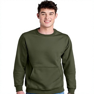 Sweat-shirt à col rond uni vert olive, avec poche kangourou, pull-over en coton vierge - Product Image 1