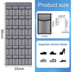 Over The Door <b>Shoe</b> Organizer 24 Pockets Breathable Mesh Hanging Storage Grey For <b>Shoes</b> Behind Doors On Walls - Product Image 2