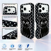 Coque de téléphone en cuir PU brillant à pois motif chat pour iPhone 15 Pro Max, style dessin animé mignon, protection de l'appareil photo surélevée, anti-chute