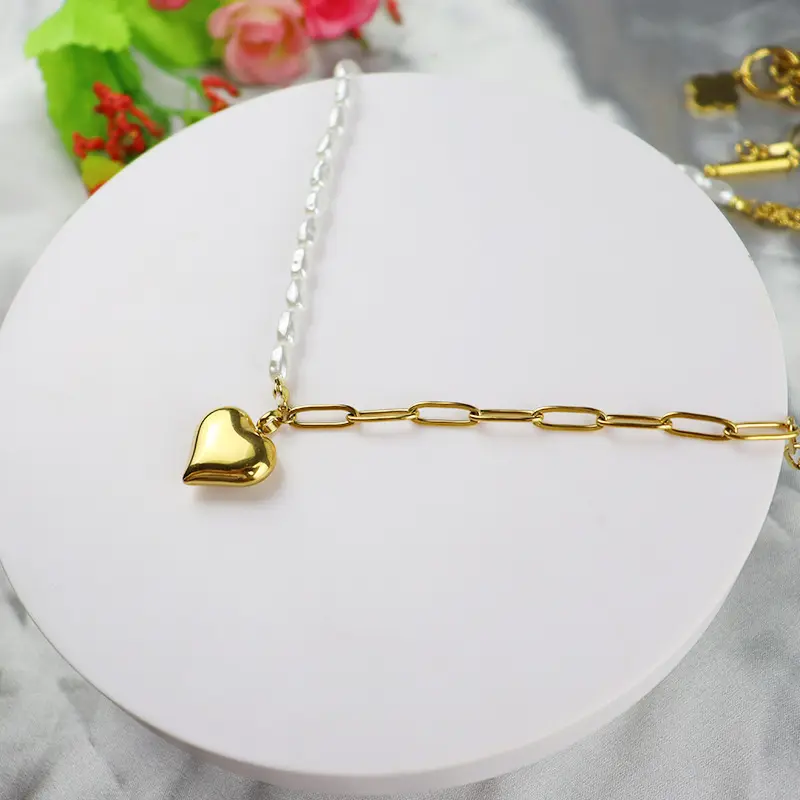 New arrival 18k gold plated stainless steel heart pendant necklace jewelry half pearl half chain necklace for women