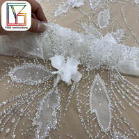 Gaun pernikahan pengantin Perancis berkualitas tinggi renda bunga 3D dengan payet manik-manik putih Laser bordir bunga jala kain renda Tulle