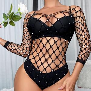 Zie Door Verleiding Bodysuit Pure Grote Mesh Vrouwelijke Hete Transparante Glanzende Lovertjes Visnet Vrouwen Strass Sexy Lingerie - Product Image 3