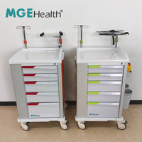 Chariot d'urgence moderne avec 5 tiroirs, support pour bouteille d'oxygène, plan de travail en alliage d'aluminium pour les soins d'urgence hospitaliers et le soutien au chevet du patient