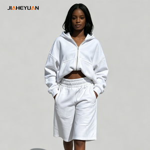 Garment Washed 380GSM 100% Cotton Fleece Oversized Half Zip <strong>Hoodie</strong> &amp; Knee Length Shorts Minimalist Streetwear Two Piece Set - Product Image 1