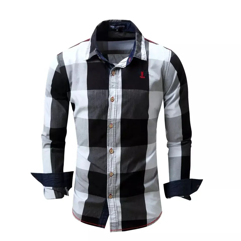 Custom Slim Fit Long Sleeve Plaid Cotton Shirts 4 Colors High Quality Men Fancy Check Shirt