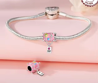 Mode Voyage Thème Bijoux 925 Sterling Silver Rose Émail Valise Perle Charmes