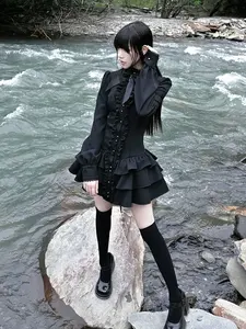 Robe mini noire gothique en dentelle pour <span class=keywords><strong>femme</strong></span>, style Y2K, streetwear japonais, Lolita, col rond, manches longues, costumes Lolita épicés - Product Image 6