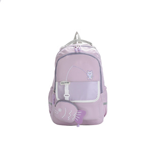 KALUOGE Student Backpack 15 Inches Pink Cartoon Cat Fishing Design For Girls School Education Large Capacity Color Blocking - Product Image 5