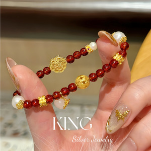 Bracelet en argent King Silver Jewelry avec perles de grenat rouge et perles d'eau douce en argent sterling 925 plaqué or, pour femme, à porter au quotidien - Product Image 3