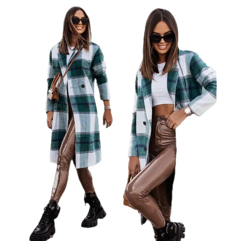 2022 Hot sale autumn and winter Red And White plaid Fur Oversize Zip Up women Coat