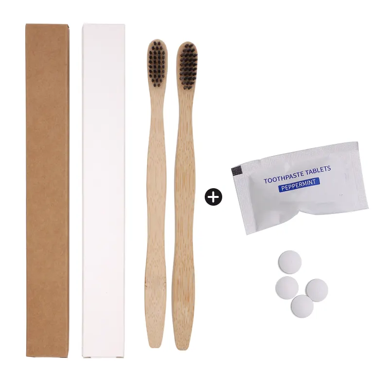 Hotel supplies kraft bag packing vegan toothpaste tablets with bamboo toothbrush kit