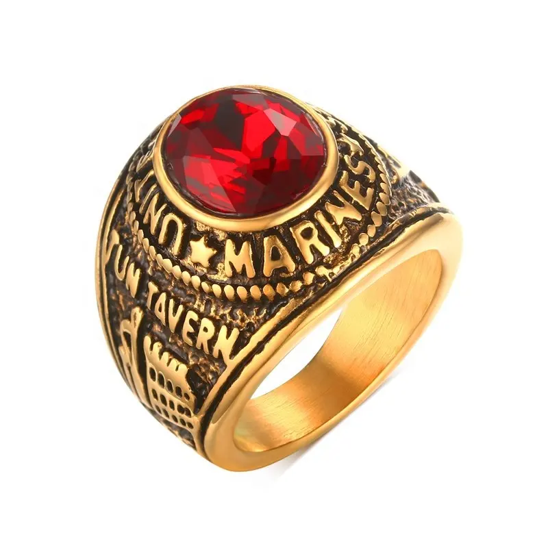 Gioielli da uomo all'ingrosso in acciaio inossidabile placcato oro US red crystal ruby gemstone ring marines finger rings