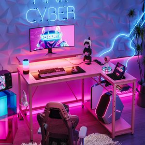 Bàn làm việc góc chữ L nhỏ bằng gỗ, có đèn <span class=keywords><strong>LED</strong></span> 42 bóng, kệ lưu trữ có thể đảo chiều, màu hồng, chất liệu sợi carbon, thích hợp cho văn phòng, phòng ngủ, chơi game - Product Image 4