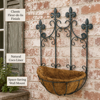 Support de panier suspendu décoratif en fer forgé avec motif Fleur de Lys et doublure en coco pour la décoration de jardin et de patio