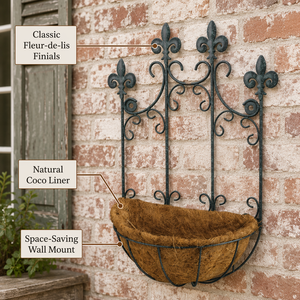 Support de panier suspendu décoratif en <span class=keywords><strong>fer</strong></span> <span class=keywords><strong>forgé</strong></span> avec motif Fleur de Lys et doublure en coco pour la <span class=keywords><strong>décoration</strong></span> de jardin et de patio - Product Image 2