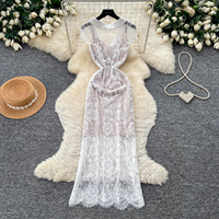 Robe midi élégante pour femme, col à revers, col en V, manches courtes, dentelle florale, coupe ajustée, pour soirée cocktail d'été