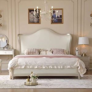 Lits en bois classiques modernes de luxe Lit double européen de 1.8m en bois massif Lit <span class=keywords><strong>prince</strong></span> et princesse crème française minimaliste léger - Product Image 1