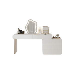 Modern Minimalist Creamy White Extendable Makeup <b>Vanity</b> With Lighted <b>Mirror</b> For Bedroom - Product Image 5