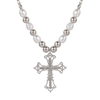 Collier pendentif croix gothique en gros pour femmes, chaîne ras-du-cou tendance en alliage avec breloque fausse perle pour fêtes et bouddhisme