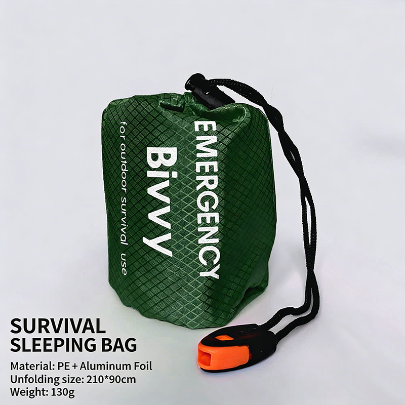 Sac de couchage en PE imprimé vert, cordon de serrage, sifflet